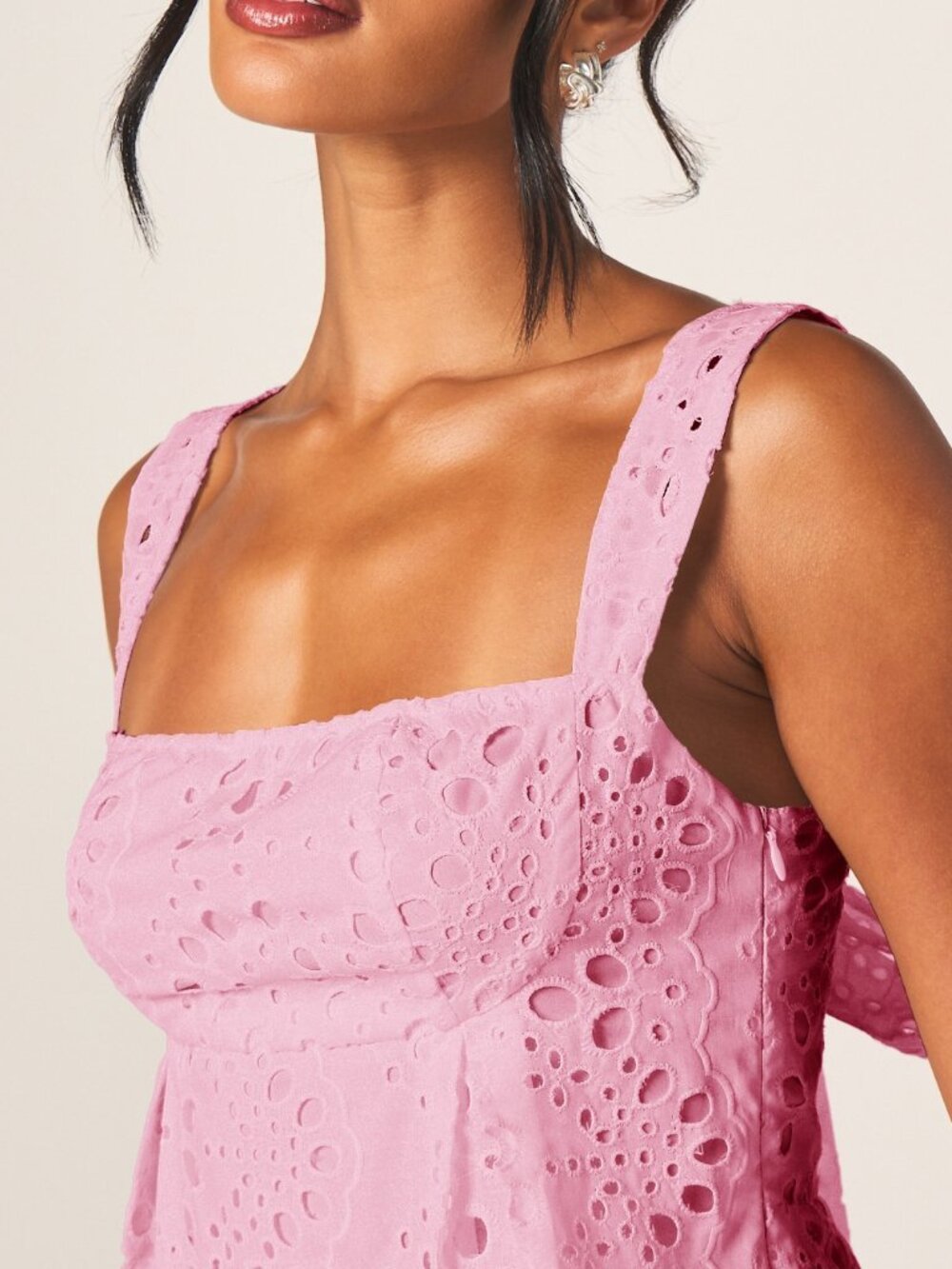 Pink Elegant Women's Eyelet Mini Dress with Bow Back - Picture 5 of 5